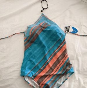 NWT One-piece Swimsuit Turquoise & Coral Pink one piece halter tie size small